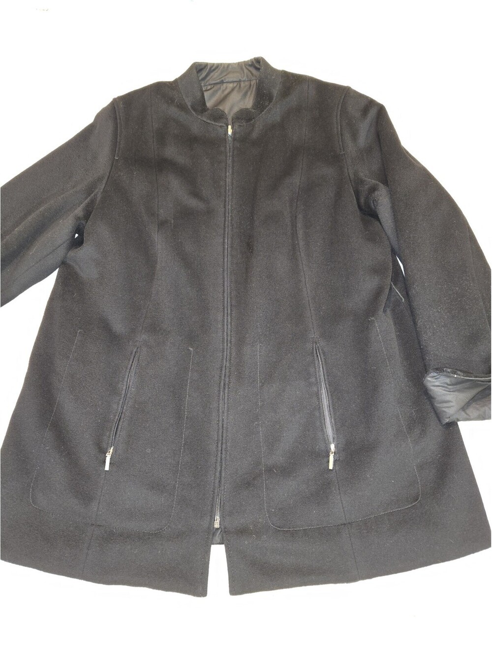 Marina Rinaldi Women's Reversible Black Wool Full Zip Coat W Zips On The Sleeves